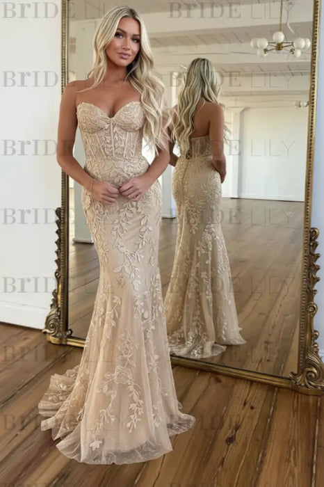 Champagne Gold V-Neck Backless Mermaid Tulle Prom Dress with Lace 