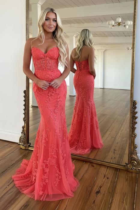 Watermelon Sweetheart Lace Mermaid Prom Dress Backless
