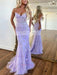 Baby Blue V-Neck Backless Mermaid Tulle Prom Dress with Lace Printing