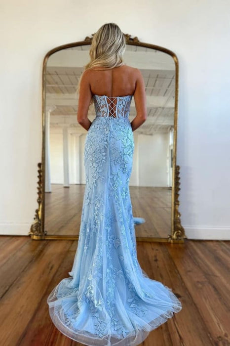 Baby Blue V-Neck Backless Mermaid Tulle Prom Dress with Lace Printing