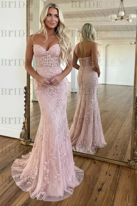 Blush Pink V-Neck Backless Mermaid Tulle Prom Dress with Lace 