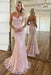 Blush Pink V-Neck Backless Mermaid Tulle Prom Dress with Lace 