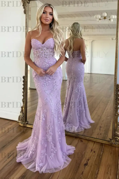 Lilac  V-Neck Backless Mermaid Tulle Prom Dress with Lace 