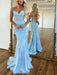 Baby Blue V-Neck Backless Mermaid Tulle Prom Dress with Lace Printing