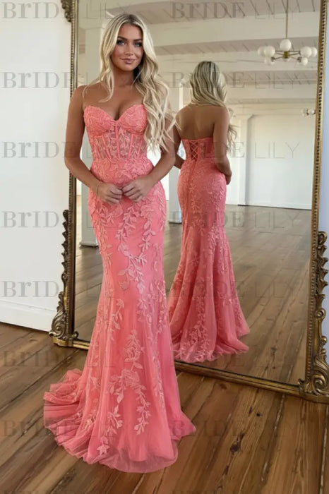Coral Pink V-Neck Backless Mermaid Tulle Prom Dress with Lace 