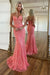 Coral Pink V-Neck Backless Mermaid Tulle Prom Dress with Lace 