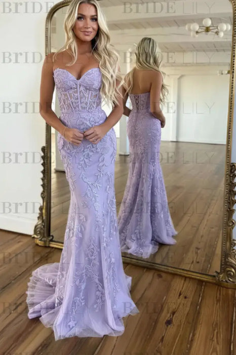Lavender V-Neck Backless Mermaid Tulle Prom Dress with Lace 