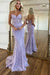 Lavender V-Neck Backless Mermaid Tulle Prom Dress with Lace 