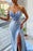 Baby Blue V-Neck Mermaid Prom Dress with Feather Accents