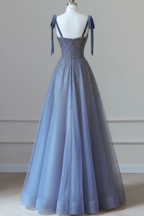 Luxurious Spaghetti-Strap Tulle A-Line Prom Dress Long Sleeves