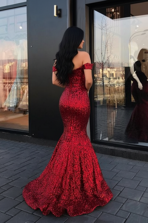Back View - Red Sequin Mermaid Dress