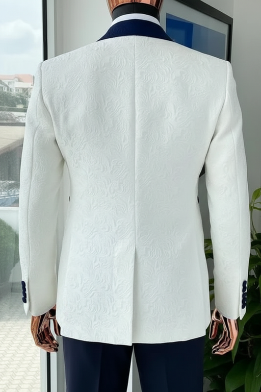 Back View - White Floral Jacquard Tuxedo