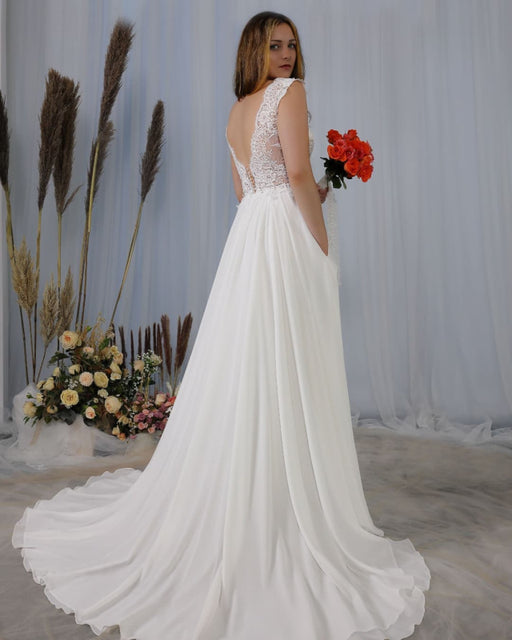 Backless Chiffon Wedding Dress with Romantic Wide Straps and Deep V-Neck Lace Appliques