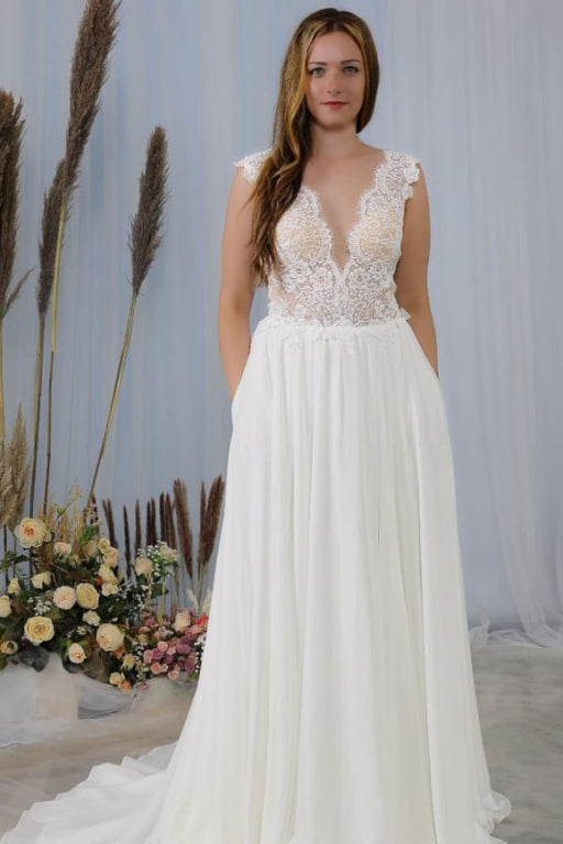 Backless Chiffon Wedding Dress with Romantic Wide Straps and Deep V-Neck Lace Appliques - Wedding Dress