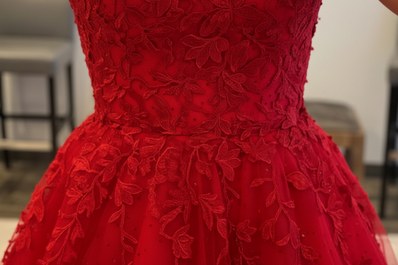 Backless Red Tulle Lace Long Prom Dresses, Red Lace Formal Evening Dresses, Red Ball Gown 