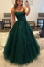Dark Green Backless Tulle Lace Long Prom Dresses