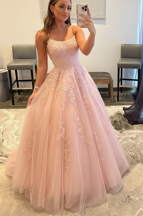 Blush Pink Backless Tulle Lace Long Prom Dresses