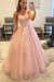 Blush Pink Backless Tulle Lace Long Prom Dresses