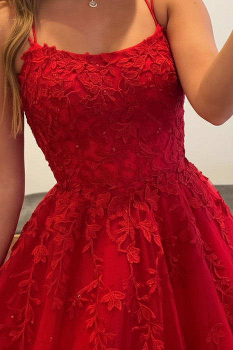 Backless Red Tulle Lace Long Prom Dresses, Red Lace Formal Evening Dresses, Red Ball Gown 