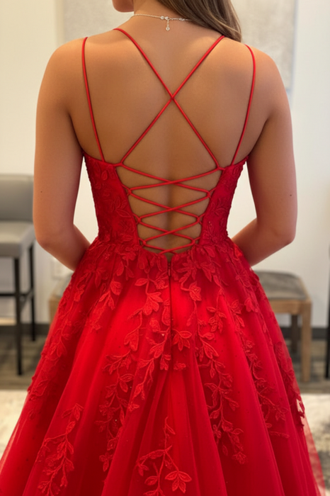 Backless Red Tulle Lace Long Prom Dresses, Red Lace Formal Evening Dresses, Red Ball Gown 