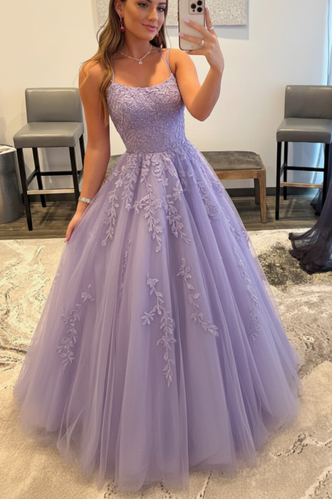 Lavender Backless Tulle Lace Long Prom Dresses