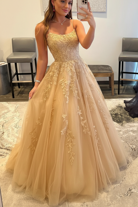 Champagne Backless Tulle Lace Long Prom Dresses