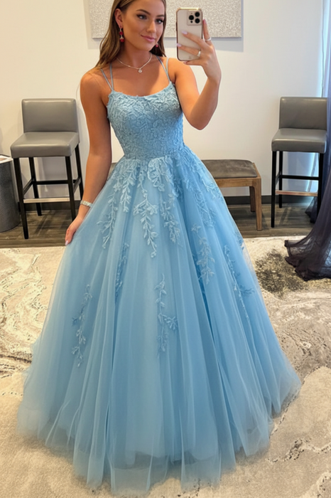 Sky Blue Backless Tulle Lace Long Prom Dresses