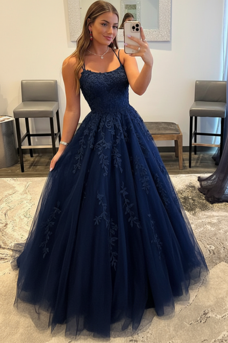 Navy Blue Backless Tulle Lace Long Prom Dresses