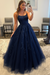 Navy Blue Backless Tulle Lace Long Prom Dresses
