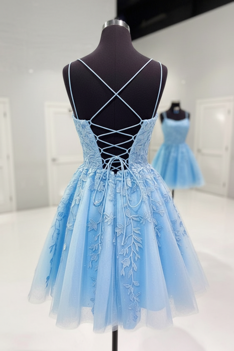 Backless Short Light Blue Lace Prom Dresses
