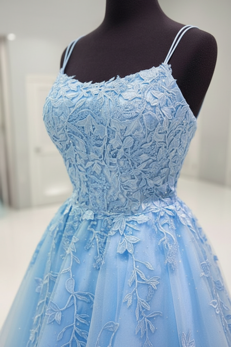 Backless Short Light Blue Lace Prom Dresses