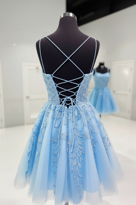 Backless Short Light Blue Lace Prom Dresses