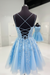 Backless Short Light Blue Lace Prom Dresses