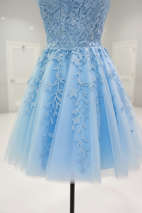 Backless Short Light Blue Lace Prom Dresses