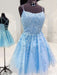 Backless Short Light Blue Lace Prom Dresses, Light Blue Lace Formal Graduation Dresses, Lace Homecoming Dresses