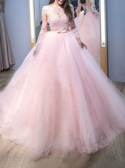 Ball Gown Jewel Long Sleeves Sweep/Brush Train Lace Tulle Dresses - Prom Dresses