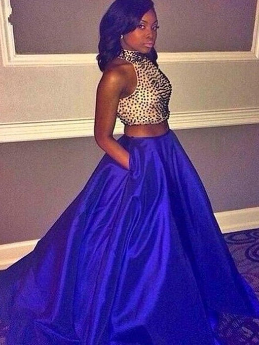 Ball Gown Sleeveless Halter Sweep/Brush Train Beading Taffeta Two Piece Dresses - Prom Dresses