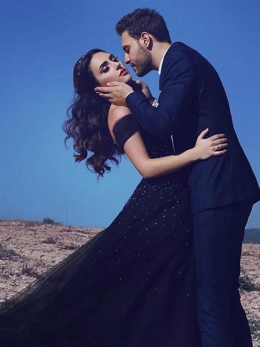 Ball Gown Sleeveless Off-the-Shoulder Beading Sweep/Brush Train Tulle Dresses - Prom Dresses