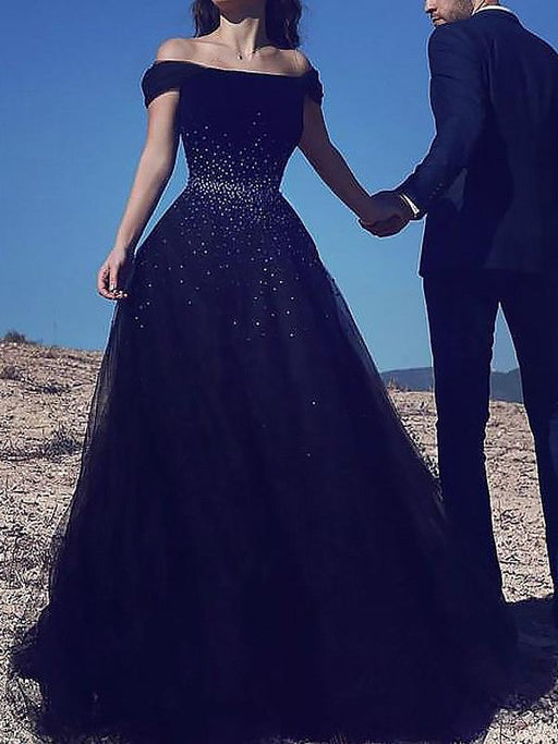 Ball Gown Sleeveless Off-the-Shoulder Beading Sweep/Brush Train Tulle Dresses - Prom Dresses