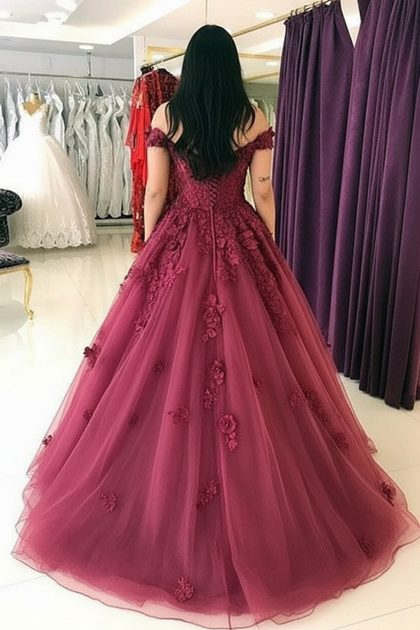 Ball Gown Sleeveless Off-the-Shoulder Sweep/Brush Train Applique Tulle Dresses - Prom Dresses