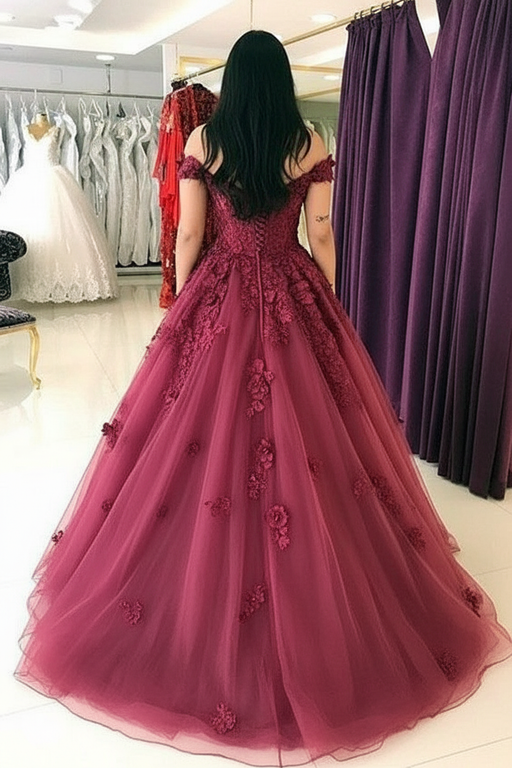 Ball Gown Sleeveless Off-the-Shoulder Sweep/Brush Train Applique Tulle Dresses - Prom Dresses