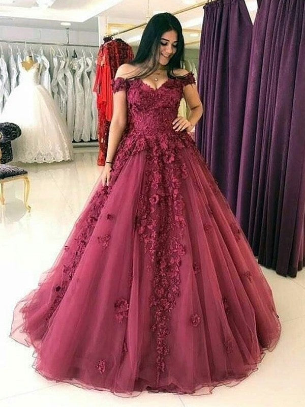 ball gown sleeveless off-the-shoulder applique tulle sweep brush train dresses Ball Gown Off-the-Shoulder Tulle Evening Dress with Appliques