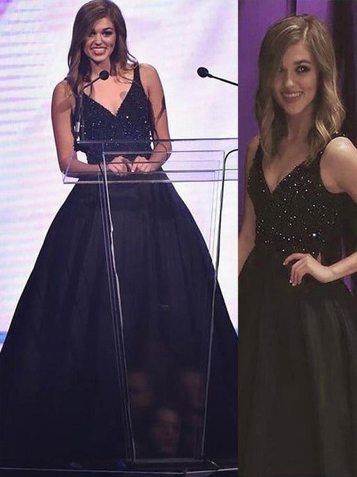 Ball Gown Sleeveless V-neck Beading Sweep/Brush Train Satin Dresses - Prom Dresses