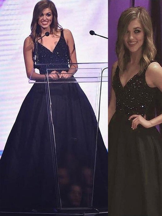 Ball Gown Sleeveless V-neck Beading Sweep/Brush Train Satin Dresses - Prom Dresses