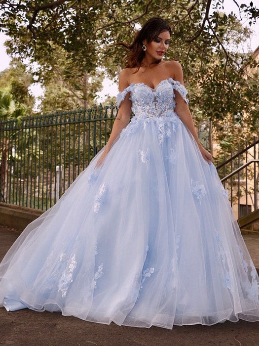 Ball Gown Tulle Applique Off-the-Shoulder Sleeveless Sweep/Brush Train Dresses - Prom Dresses