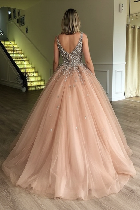 Ball Gown V-neck Sleeveless Floor-Length Beading Tulle Dresses - Prom Dresses