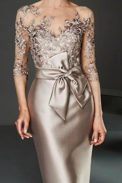 Bateau 3/4 Long Sleeves Satin Mother of the Bride Dresses with Lace - Prom Dresses
