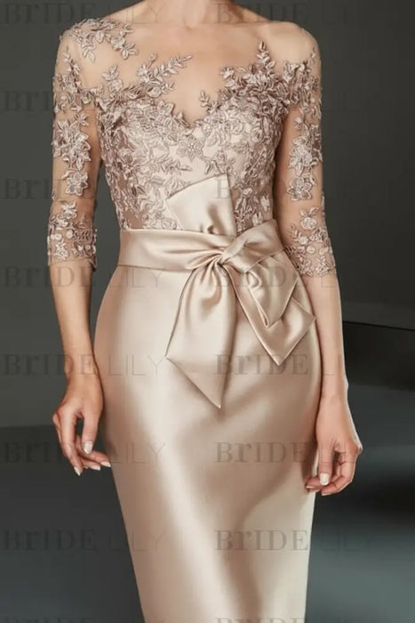 Bateau 3/4 Long Sleeves Satin Mother of the Bride Dresses with Lace Champagne - Prom Dresses