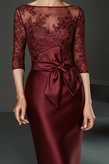 Bateau 3/4 Long Sleeves Satin Mother of the Bride Dresses with Lace Burgundy- Prom Dresses