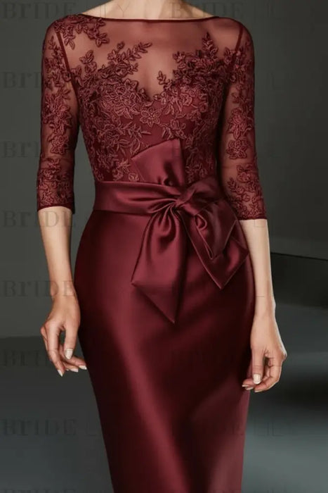 Bateau 3/4 Long Sleeves Satin Mother of the Bride Dresses with Lace Burgundy- Prom Dresses